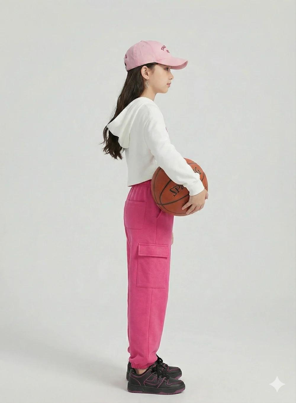 Girls White & Pink Cropped Hoodie & Cargo Joggers - product media