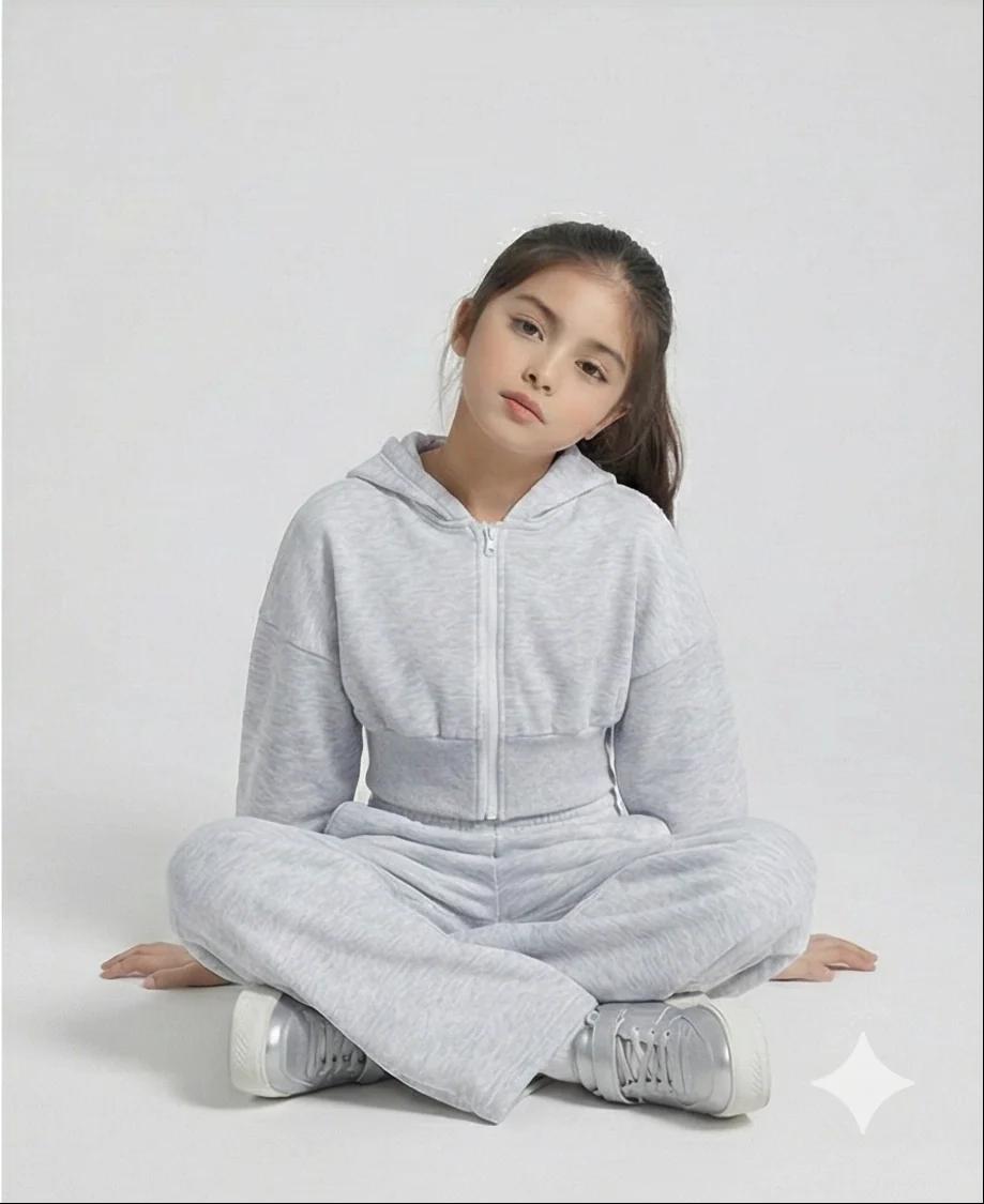 Premium Cropped Hoodie & Wide-Leg Jogger Set – Light Grey - product media